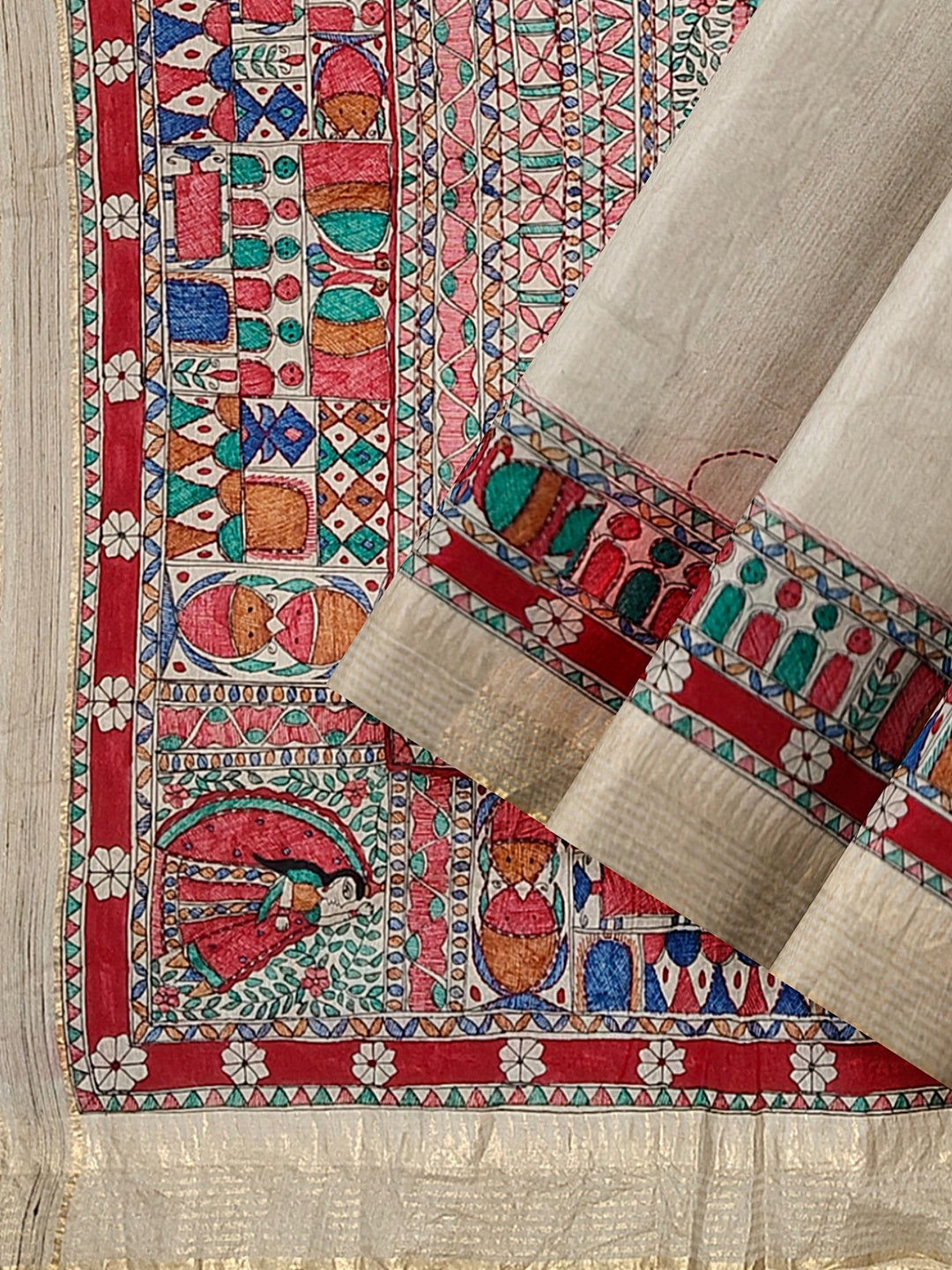 Godhna-Inspired Handpainted Tussar Munga Silk Saree with Sujani Embroidery